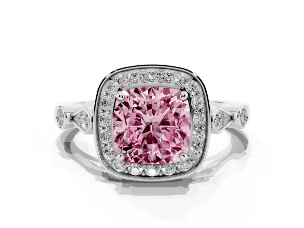 Fancy Pink Cushion Cut Halo Diamond Engagement Ring with Twisted Band and Four-Prong Setting Platinum