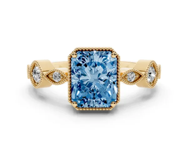 Fancy Blue Radiant Cut Diamond Vintage Milgrain Ring with Round Stations Yellow gold