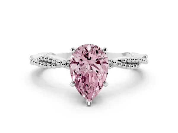 Fancy Pink Pear Cut Solitaire Twisted Band with Bead Prong Setting White gold