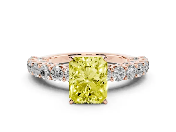 Fancy Yellow Radiant Cut Diamond Solitaire Ring with Shared Prong Pavé Band and Four-Prong Setting Rose gold