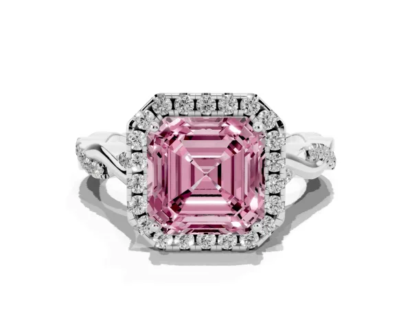 Fancy Pink Asscher Cut Halo Twist Band Solitaire Ring Platinum
