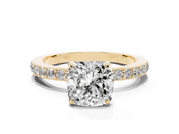 Cushion Cut Diamond Solitaire Engagement Ring with Pavé Band and Four-Prong Setting Yellow gold