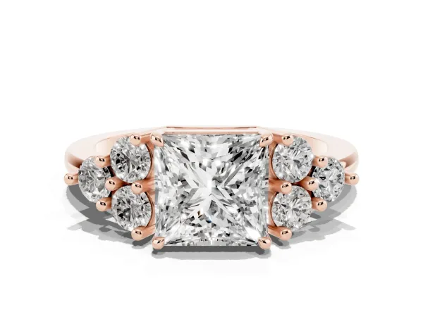 Princess Cut Brilliant Diamond Cluster Accent Solitaire Ring with Prong Setting Rose gold