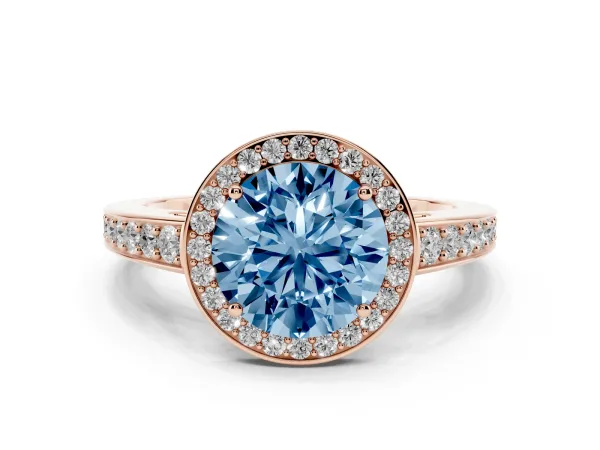 Fancy Blue Round Cut Halo Pavé Diamond Engagement Ring with Bezel Setting Rose gold
