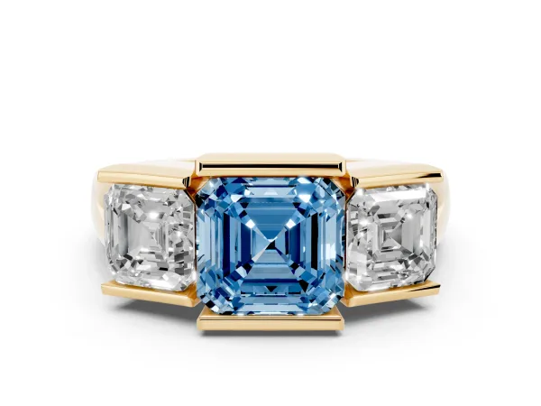 Fancy Blue Three Stone Asscher Cut Cut Channel Set Diamond Ring Yellow gold