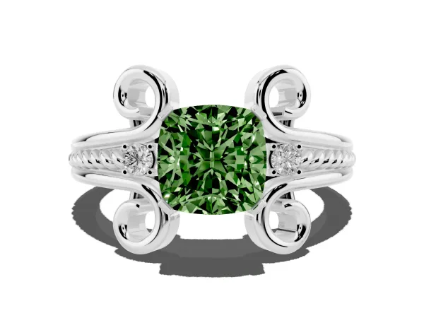 Fancy Green Cushion Cut Solitaire Twisted Band Scroll Prong Ring Platinum