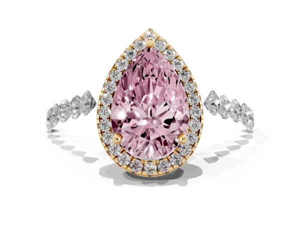 Fancy Pink Pear Cut Halo Pavé Diamond Engagement Ring with Four-Prong Setting Yellow gold