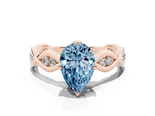 Fancy Blue Pear Cut Solitaire Twist Band with Leaf Prong Setting Rose gold