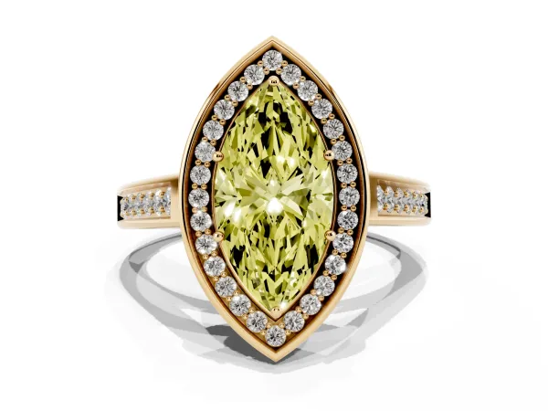Fancy Yellow Marquise Cut Halo Solitaire Diamond Ring with Pave Band and Bezel Setting Yellow gold
