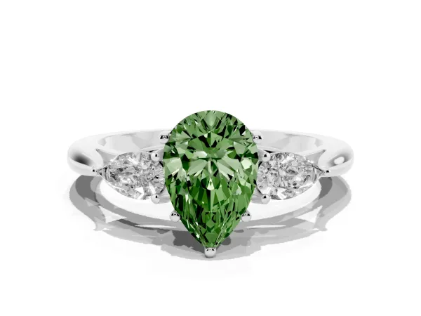 Fancy Green Pear Cut Diamond Three-Stone Ring with Pear Side Stones and Prong Setting White gold