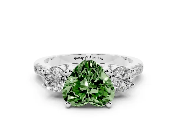Fancy Green Three-Stone Heart Cut Diamond Pavé Band with Four-Prong Setting White gold