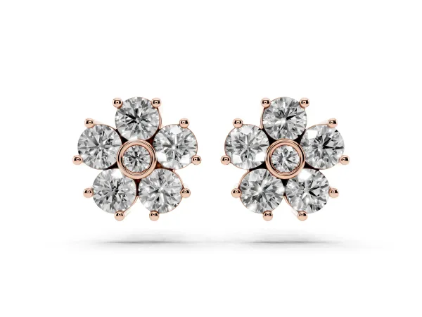 Round Diamond Flower Stud Earrings with Diamond Accent Rose gold