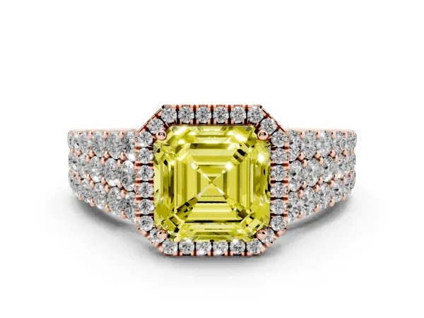 Fancy Yellow Asscher Cut Diamond Halo Engagement Ring with Triple Row Round Pavé Band and Prong Setting Rose gold