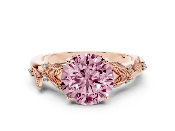 Fancy Pink Round Cut Diamond Solitaire Ring with Leaf Motif Band and Four-Prong Setting Rose gold