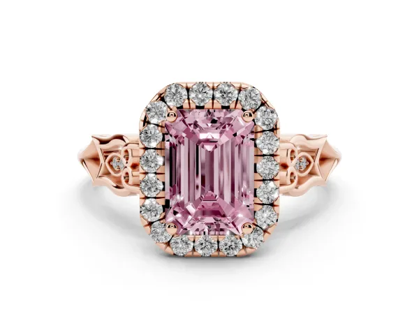 Fancy Pink Emerald Cut Halo Diamond Engagement Ring with Filigree Band and Four-Prong Setting Rose gold