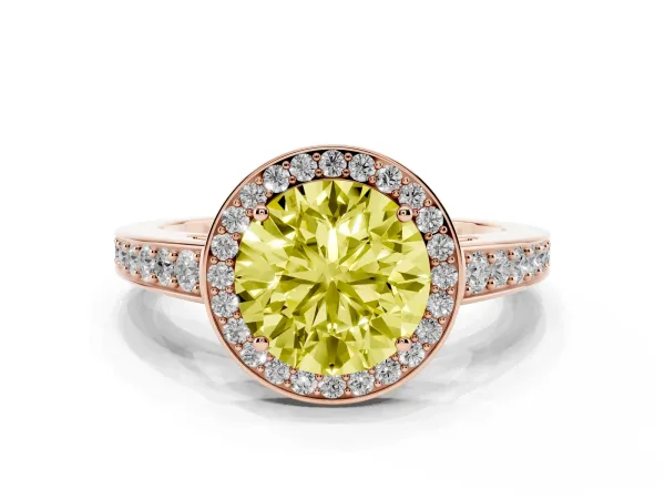 Fancy Yellow Round Cut Halo Pavé Diamond Engagement Ring with Bezel Setting Rose gold