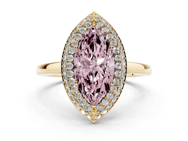 Fancy Pink Marquise Cut Halo Diamond Engagement Ring with Solitaire Band and Four-Prong Setting Yellow gold