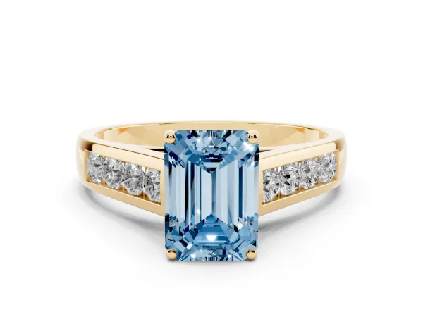 Fancy Blue Emerald Cut Solitaire Channel-Set Diamond Engagement Ring with Four-Prong Setting Yellow gold