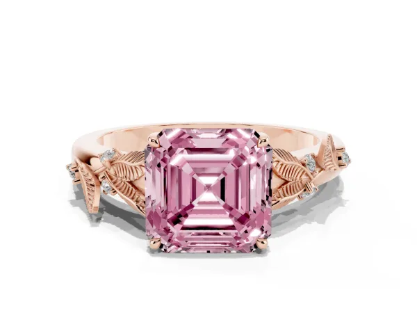 Fancy Pink Asscher Cut Diamond Solitaire Ring with Leaf Motif Band and Four-Prong Setting Rose gold