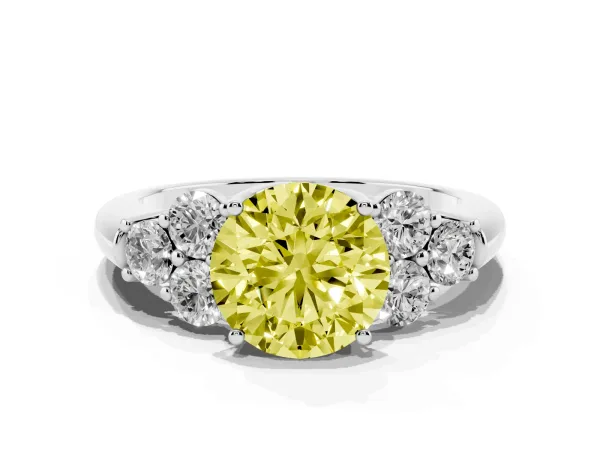 Fancy Yellow Round Cut Cut Diamond Cluster Ring with Round Accent Stones and Prong Setting on a Classic Band White gold