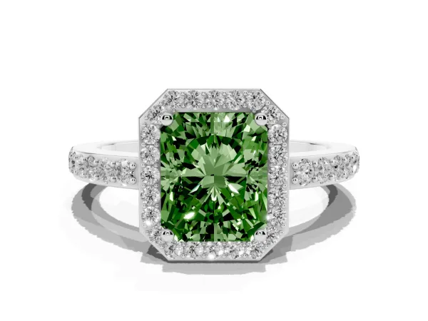 Fancy Green Radiant Cut Halo Diamond Pavé Band Ring with Prong Setting White gold