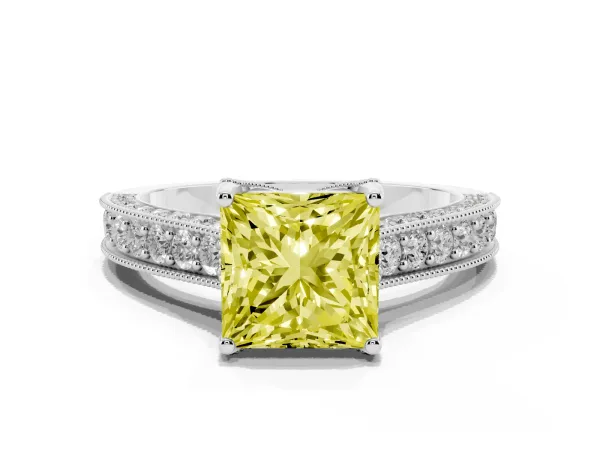 Fancy Yellow Princess Cut Cut Diamond Solitaire Ring with Milgrain Pave Band and Four Prong Setting White gold