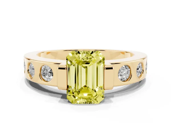 Fancy Yellow Emerald Cut Brilliant Channel-Set Diamond Ring with Bezel Prong Setting Yellow gold