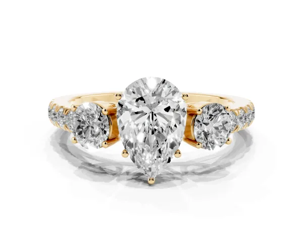 Pear Cut Cut Diamond Three-Stone Ring with Round Side Stones and Pavé Band Yellow gold