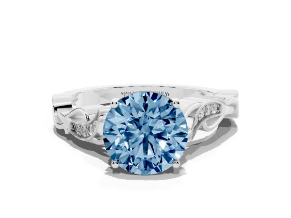 Fancy Blue Round Cut Solitaire Vine Band with Milgrain Prong Setting Platinum