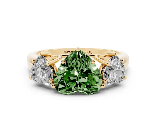 Fancy Green Three-Stone Heart Cut Diamond Engagement Ring with Prong Setting Yellow gold