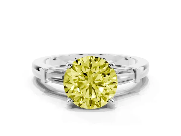 Fancy Yellow Round Cut Cut Diamond Solitaire Ring with Tapered Baguette Accents and Four-Prong Setting Platinum