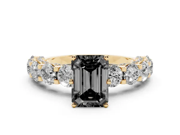 Fancy Black Emerald Cut Diamond Side Stone Engagement Ring with Four-Prong Setting Yellow gold