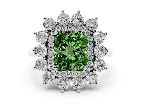 Fancy Green Radiant Cut Diamond Floral Double Halo Engagement Ring with Prong Setting White gold