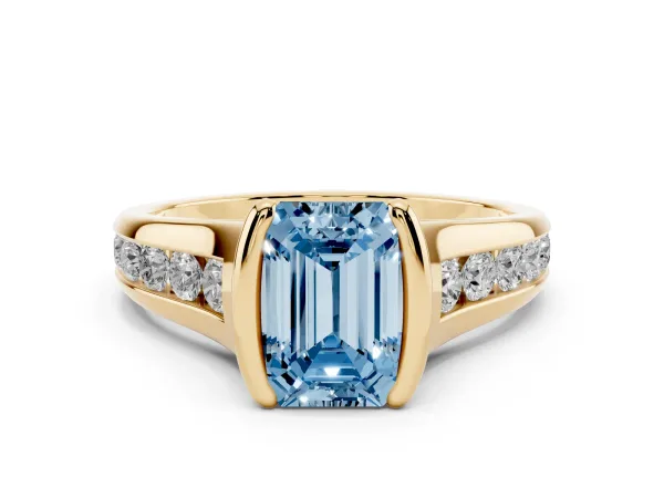 Fancy Blue Emerald Cut Solitaire Bezel-Set Diamond Ring with Channel-Set Band Yellow gold