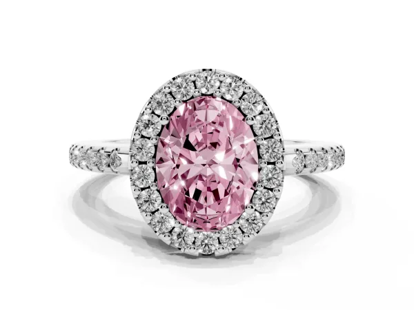 Fancy Pink Oval Cut Diamond Pavé Halo Ring with Four-Prong Setting Platinum
