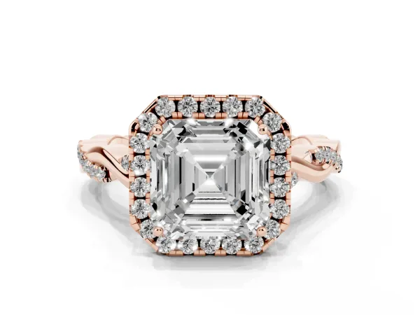 Asscher Cut Halo Twist Band Solitaire Ring Rose gold