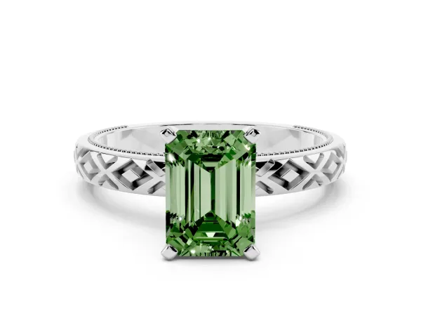 Fancy Green Emerald Cut Solitaire Diamond Ring with Milgrain and Black Enamel X Pattern Band Platinum