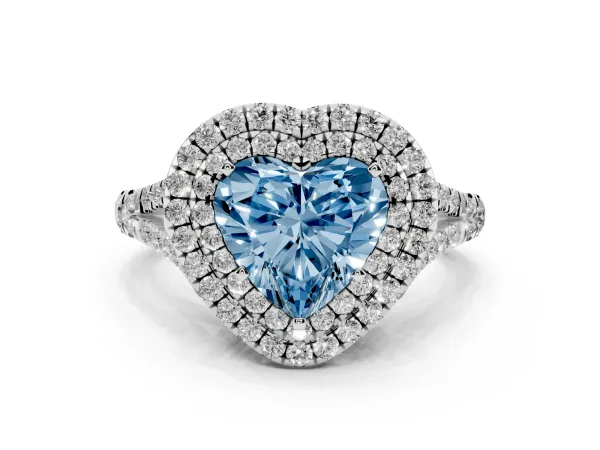 Fancy Blue Heart Cut Cut Double Halo Split Shank Diamond Ring with Prong Setting White gold