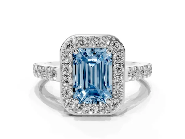Fancy Blue Emerald Cut Diamond Halo Ring with Round Pavé Split Shank and Prong Setting White gold