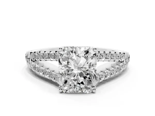 Radiant Cut Diamond Split Shank Pavé Engagement Ring with Four-Prong Setting Platinum
