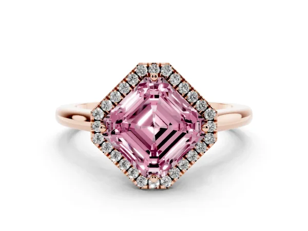 Fancy Pink Asscher Cut Halo Round Diamond Solitaire Engagement Ring with Pave Band and Four-Prong Setting Rose gold