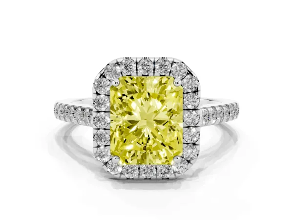 Fancy Yellow Radiant Cut Halo Pave Diamond Engagement Ring with Four-Prong Setting Platinum