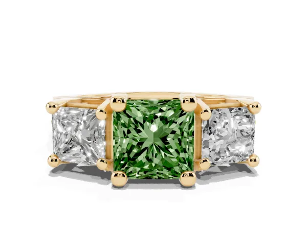 Fancy Green Princess Cut Diamond Three-Stone Ring with Channel Set Band and Four-Prong Setting Yellow gold