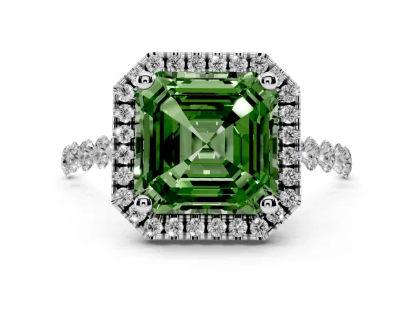 Fancy Green Asscher Cut Halo Pavé Diamond Engagement Ring with Four-Prong Setting Platinum