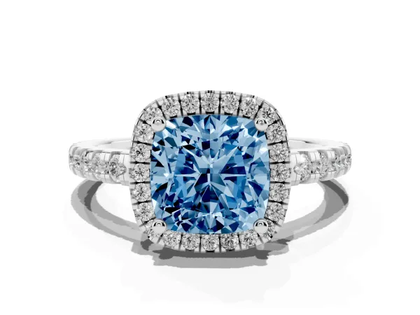 Fancy Blue Cushion Cut Diamond Halo Ring with Pavé Band and Four-Prong Setting Platinum