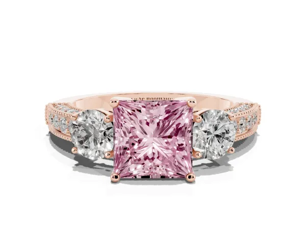 Fancy Pink Princess Cut Three-Stone Diamond Ring with Pavé Band and Four-Prong Setting Rose gold