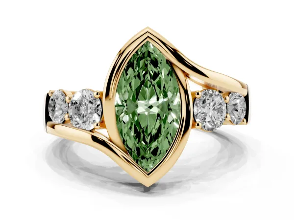 Fancy Green Bezel Set Marquise Cut Diamond Bypass Ring with Round Accents Yellow gold