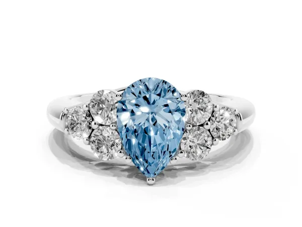 Fancy Blue Pear Cut Cut Diamond Cluster Ring with Round Accent Stones and Prong Setting on a Classic Band Platinum
