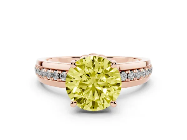 Fancy Yellow Round Cut Solitaire Diamond Ring with Channel Set Band and Six-Prong Setting Rose gold