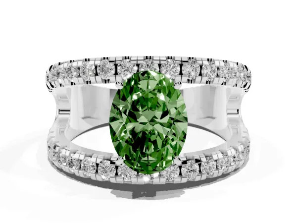 Fancy Green Oval Cut Solitaire Split Shank Pave Diamond Ring White gold